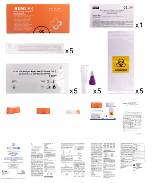 5 Stk. JOINSTAR COVID-19 Antigen Rapid Test (Collodiales Gold) - Laientest